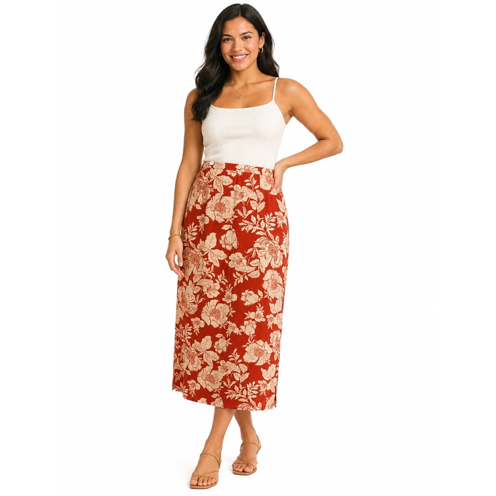 Old Navy Red Floral Linen Blend Midi Skirt High‎ Waisted Elastic Back XS